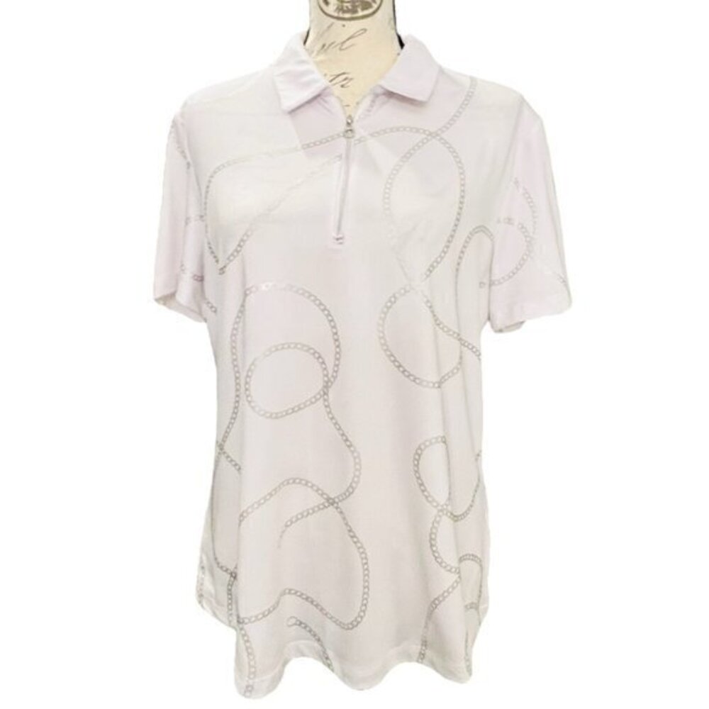GREG NORMAN PLAY DRY Large Golf Polo Shirt White Silver‎ Chain Link Print Shark